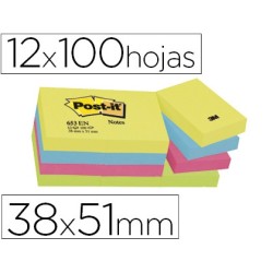 BLOC DE NOTAS ADHESIVAS QUITA Y PON POST-IT 38X51 MM NEON PACK DE 12 BLOCS SURTIDO