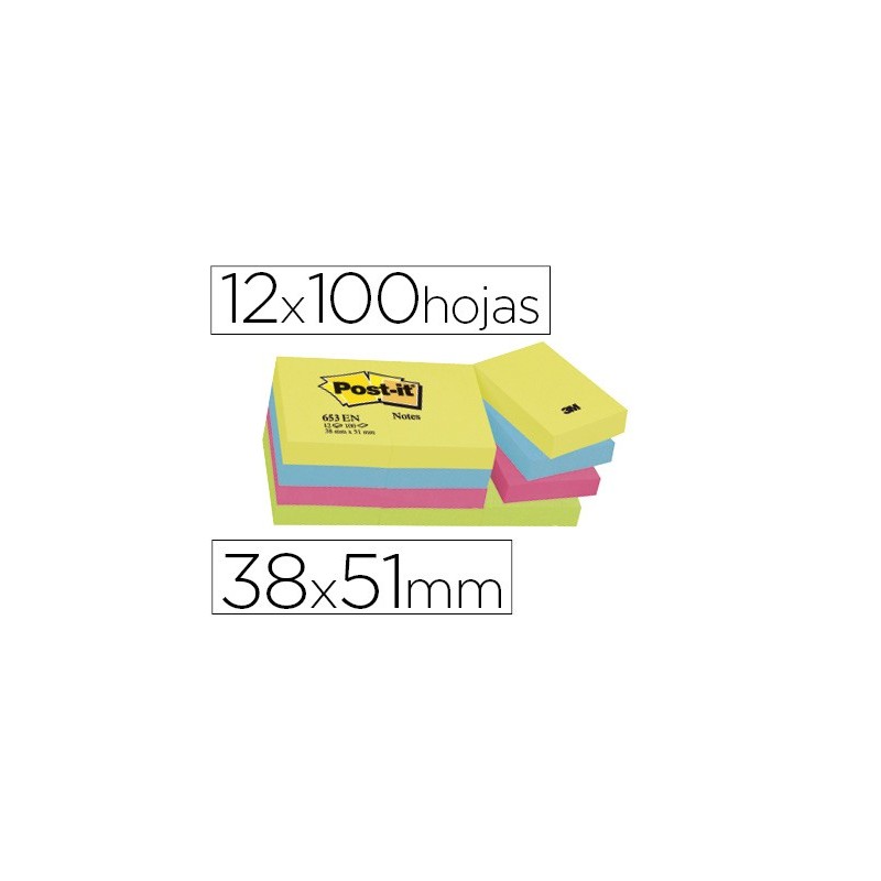 BLOC DE NOTAS ADHESIVAS QUITA Y PON POST-IT 38X51 MM NEON PACK DE 12 BLOCS SURTIDO
