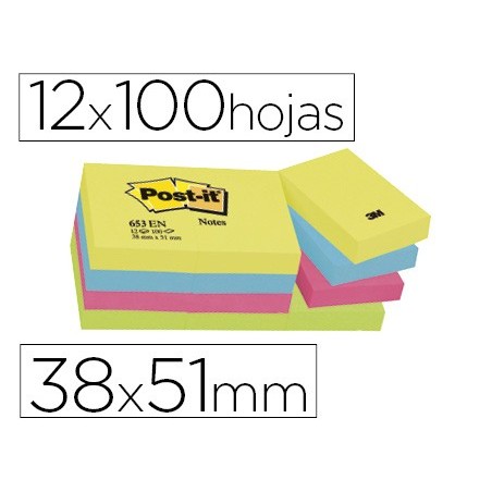 BLOC DE NOTAS ADHESIVAS QUITA Y PON POST-IT 38X51 MM NEON PACK DE 12 BLOCS SURTIDO