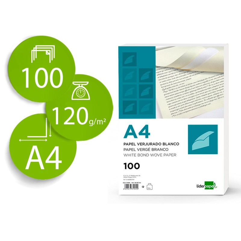 PAPEL VERJURADO LIDERPAPEL A4 120G/M2 BLANCO PAQUETE DE 100 HOJAS