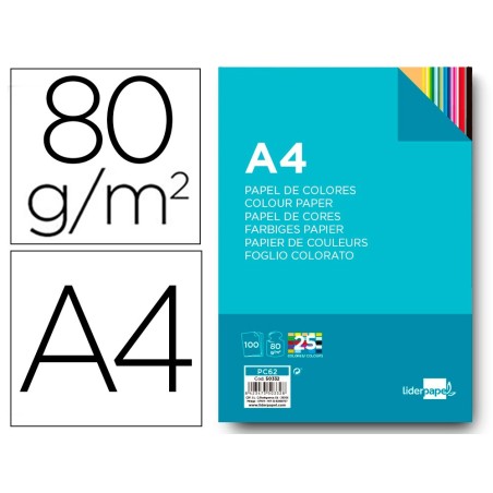 PAPEL COLOR LIDERPAPEL A4 80G/M2 25 COLORES SURTIDOS PAQUETE DE 100 HOJAS