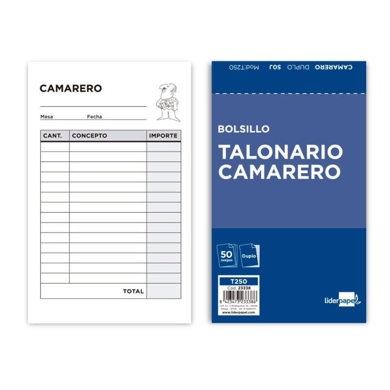 TALONARIO LIDERPAPEL CAMARERO BOLSILLO ORIGINAL Y COPIA T250