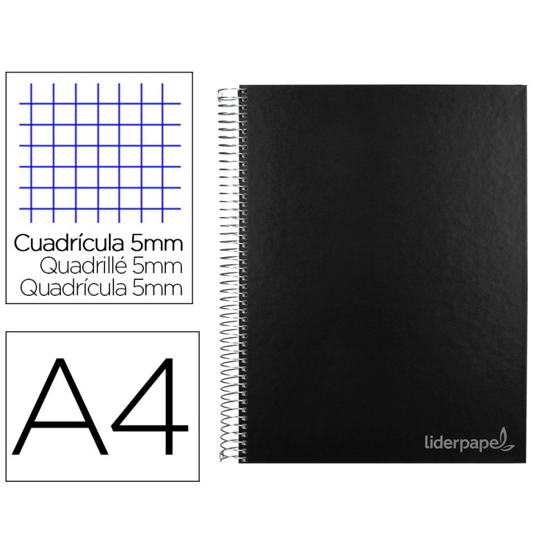 CUADERNO ESPIRAL LIDERPAPEL A4 MICRO JOLLY TAPA FORRADA 140H 75 GR CUADRO 5MM 5 BANDAS 4 TALADROS COLOR NEGRO