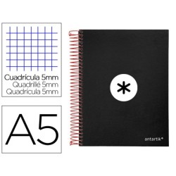 CUADERNO ESPIRAL LIDERPAPEL A5 MICRO ANTARTIK TAPA FORRADA 120H 100 GR CUADRO5MM 5 BANDAS 6 TALADROS COLOR NEGRO