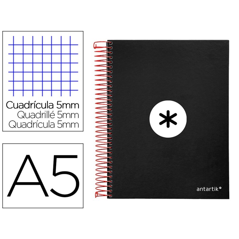 CUADERNO ESPIRAL LIDERPAPEL A5 MICRO ANTARTIK TAPA FORRADA 120H 100 GR CUADRO5MM 5 BANDAS 6 TALADROS COLOR NEGRO