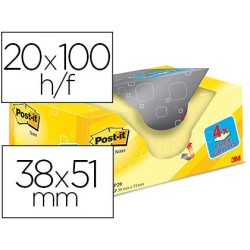 BLOC DE NOTAS ADHESIVAS QUITA Y PON POST-IT SUPER STICKY AMARILLO CANARIO 38X51 MM PACK PROMOCIONAL 16+4 GRATIS