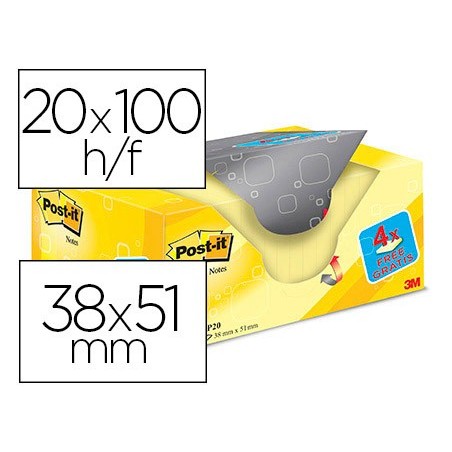 BLOC DE NOTAS ADHESIVAS QUITA Y PON POST-IT SUPER STICKY AMARILLO CANARIO 38X51 MM PACK PROMOCIONAL 16+4 GRATIS