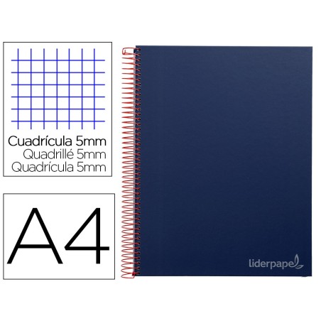 CUADERNO ESPIRAL LIDERPAPEL A4 MICRO JOLLY TAPA FORRADA 140H 75 GR CUADRO 5MM 5 BANDAS 4 TALADROS COLOR AZUL