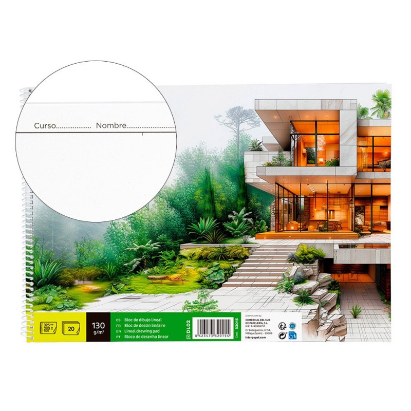 BLOC DIBUJO LIDERPAPEL LINEAL ESPIRAL 230X325MM 20 HOJAS 130G/M2 CON RECUADRO PERFORADO