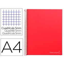 CUADERNO ESPIRAL LIDERPAPEL A4 MICRO JOLLY TAPA FORRADA 140H 75 GR CUADRO 5MM 5 BANDAS 4 TALADROS COLOR ROJO