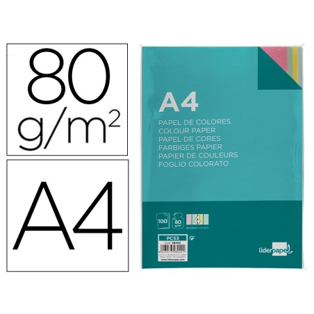 PAPEL COLOR LIDERPAPEL A4 80G/M2 4 COLORES SURTIDOS PAQUETE DE 100 HOJAS