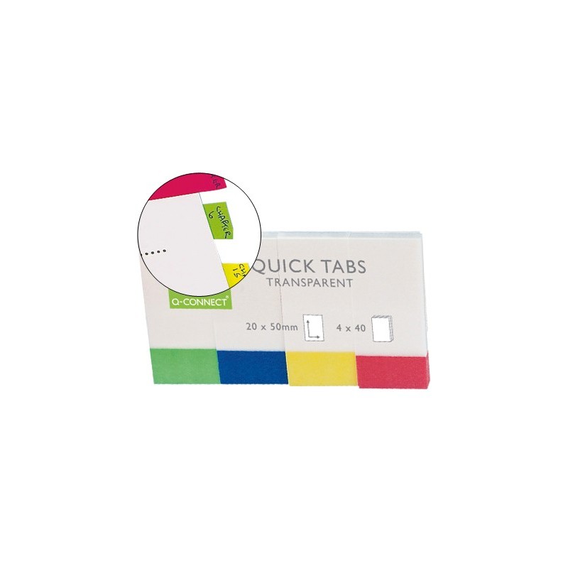 BANDERITAS SEPARADORAS Q-CONNECT 25X45 MM TRANSPARENTES Y COLOR PACK DE 4 CON 40 HOJAS
