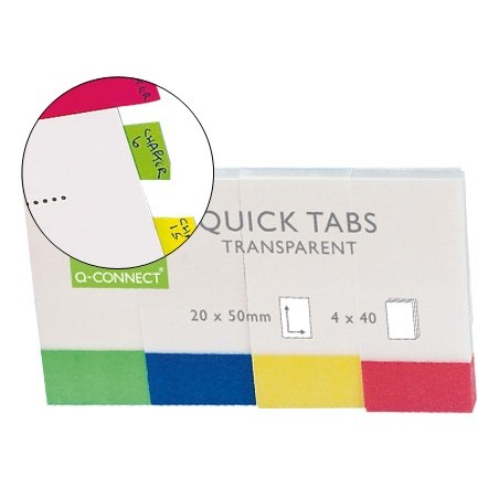 BANDERITAS SEPARADORAS Q-CONNECT 25X45 MM TRANSPARENTES Y COLOR PACK DE 4 CON 40 HOJAS