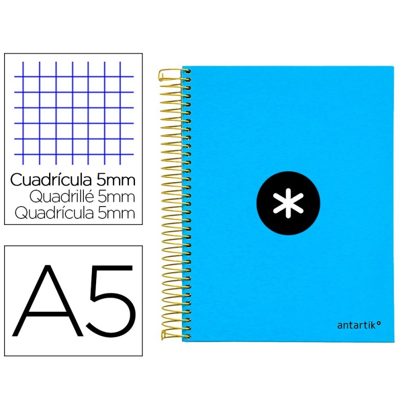 CUADERNO ESPIRAL LIDERPAPEL A5 MICRO ANTARTIK TAPA FORRADA 120H 100 GR CUADRO5MM 5 BANDAS 6 TALADROS COLOR AZUL