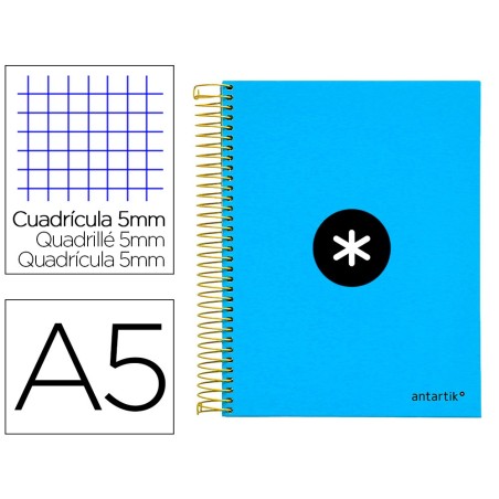CUADERNO ESPIRAL LIDERPAPEL A5 MICRO ANTARTIK TAPA FORRADA 120H 100 GR CUADRO5MM 5 BANDAS 6 TALADROS COLOR AZUL