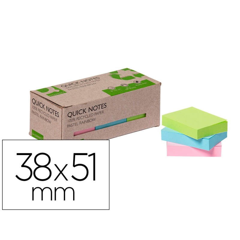 BLOC DE NOTAS ADHESIVAS QUITA Y PON Q-CONNECT 38X51 MM 100% PAPEL RECICLADO COLORES PASTELES EN CAJA DE CARTON