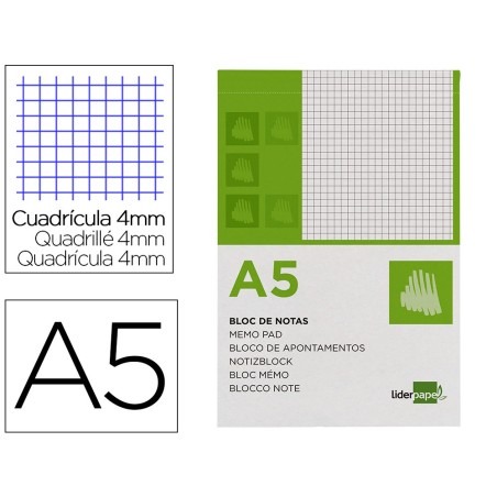 BLOC NOTAS LIDERPAPEL CUADRO 4MM A5 80 HOJAS 60G/M2 PERFORADO
