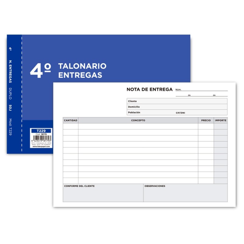 TALONARIO LIDERPAPEL ENTREGAS CUARTO ORIGINAL Y COPIA T229 APAISADO