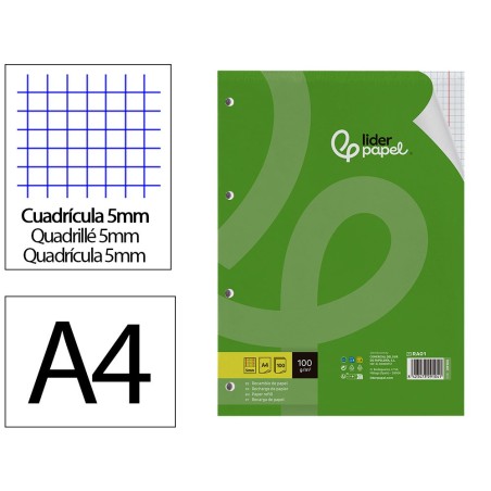 RECAMBIO LIDERPAPEL A4 100 HOJAS 100G/M2 CUADRO 5MM CON MARGEN 4 TALADROS