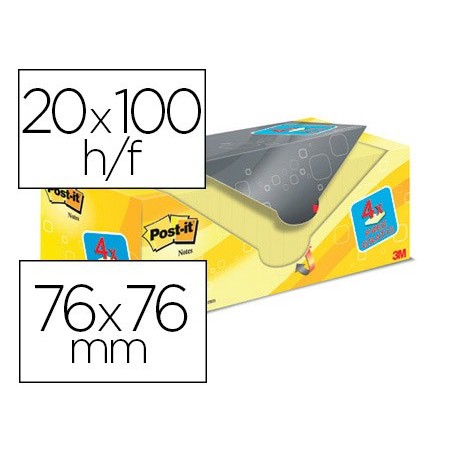 BLOC DE NOTAS ADHESIVAS QUITA Y PON POST-IT SUPER STICKY AMARILLO CANARIO 76X76 MM PACK PROMOCIONAL 16+4 GRATIS