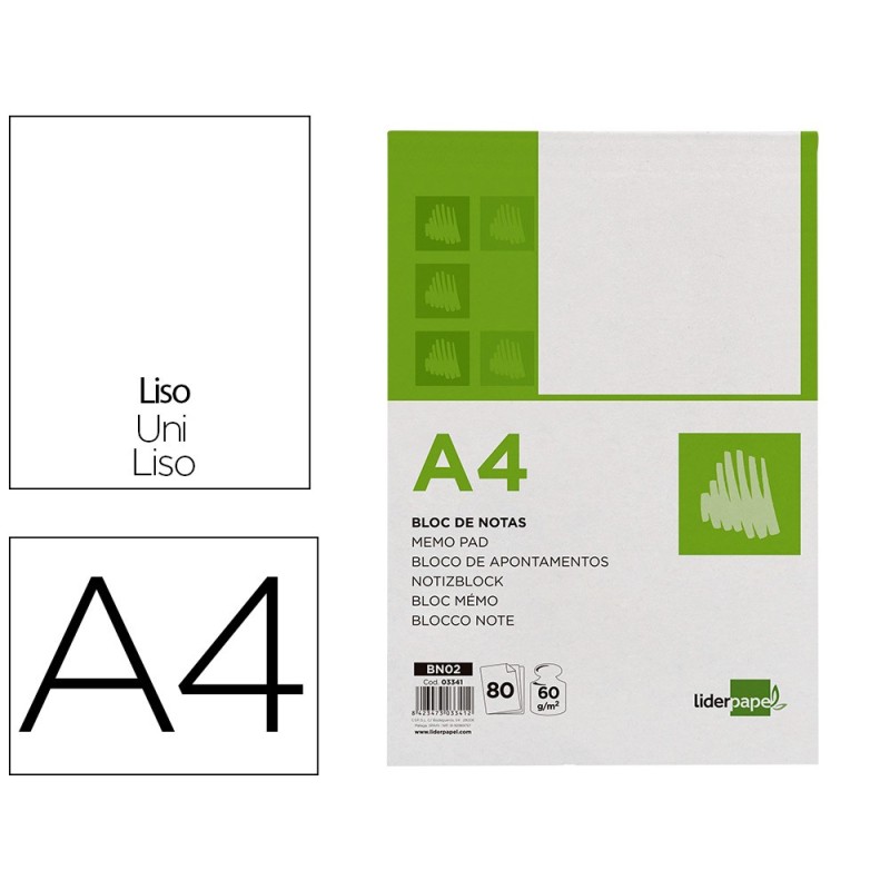 BLOC NOTAS LIDERPAPEL LISO A4 80 HOJAS 60G/M2
