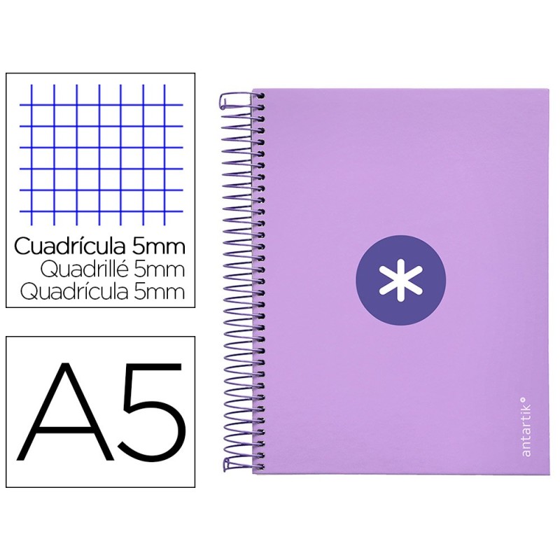 CUADERNO ESPIRAL LIDERPAPEL A5 MICRO ANTARTIK TAPA FORRADA120H 100 GR CUADRO 5MM 5 BANDA6 TALADROS COLOR LAVANDA