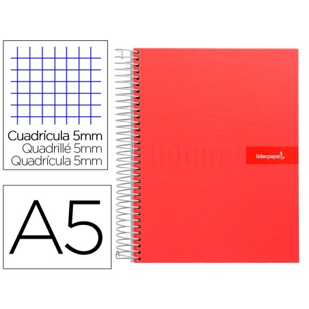 CUADERNO ESPIRAL LIDERPAPEL A5 MICRO CRAFTY TAPA FORRADA 120H 90 GR CUADRO 5MM 5 BANDAS6 TALADROS COLOR ROJO