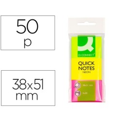 BLOC DE NOTAS ADHESIVAS QUITA Y PON Q-CONNECT 38X51 MM NEON PACK DE 3 UNIDADES CON 50 HOJAS POR COLOR