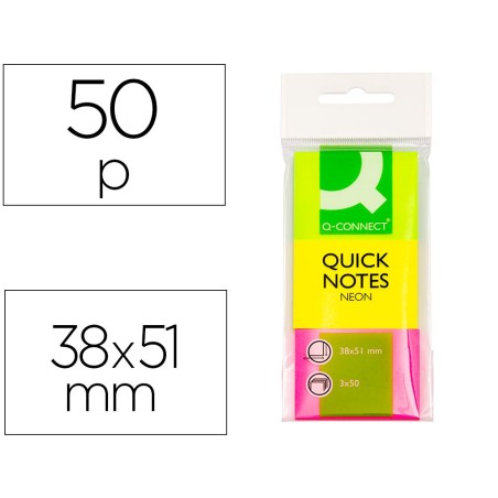 BLOC DE NOTAS ADHESIVAS QUITA Y PON Q-CONNECT 38X51 MM NEON PACK DE 3 UNIDADES CON 50 HOJAS POR COLOR