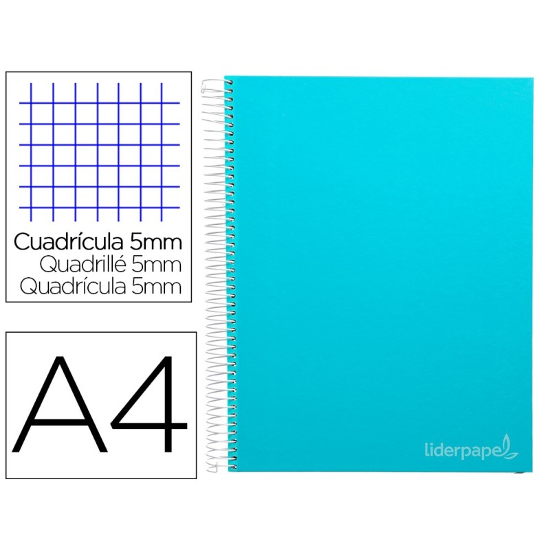 CUADERNO ESPIRAL LIDERPAPEL A4 MICRO JOLLY TAPA FORRADA 140H 75 GR CUADRO 5MM 5 BANDAS4 TALADROS COLOR CELESTE