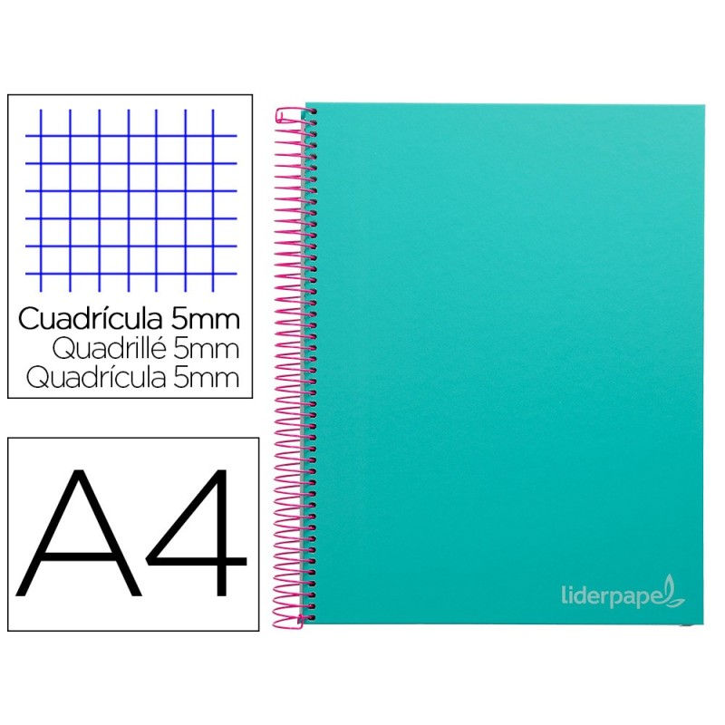 CUADERNO ESPIRAL LIDERPAPEL A4 MICRO JOLLY TAPA FORRADA 140H 75 GR CUADRO 5MM 5 BANDAS4 TALADROS COLOR TURQUESA