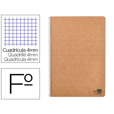 CUADERNO ESPIRAL LIDERPAPEL FOLIO ECOUSE TAPA CARTULINA KRAFT 80H PAPEL RECICLADO 80 GR CUADRO 4MM CON MARGEN