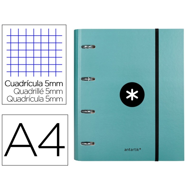CARPETA CON RECAMBIO Y SOLAPA LIDERPAPEL ANTARTIK A4 CUADRO 5MM FORRADA 4 ANILLAS REDONDAS 40MM COLOR MENTA