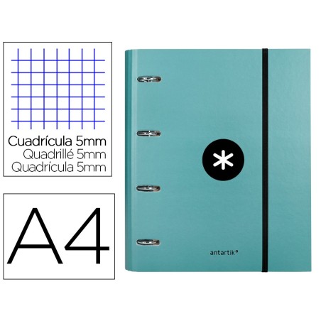 CARPETA CON RECAMBIO Y SOLAPA LIDERPAPEL ANTARTIK A4 CUADRO 5MM FORRADA 4 ANILLAS REDONDAS 40MM COLOR MENTA