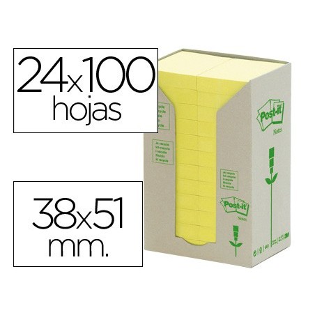 BLOC DE NOTAS ADHESIVAS QUITA Y PON RECICLADAS EN TORRE POST-IT 38 X 51 MM 24 BLOCS 653 RECICLADO