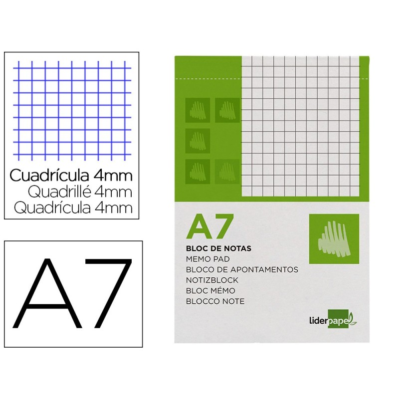 BLOC NOTAS LIDERPAPEL CUADRO 4MM A7 80 HOJAS 60G/M2 PERFORADO