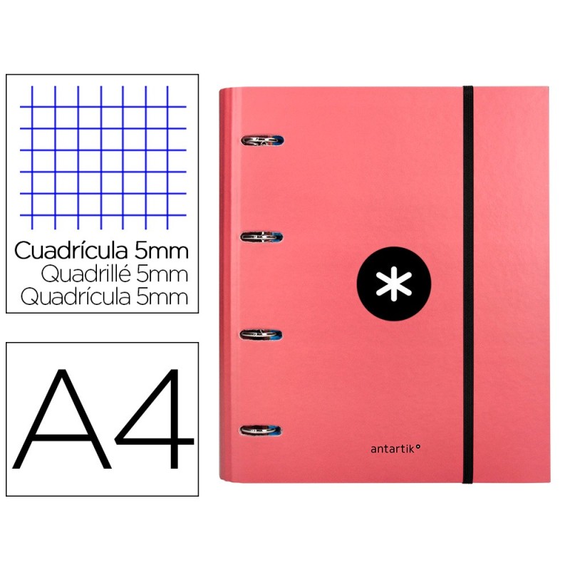 CARPETA CON RECAMBIO Y SOLAPA LIDERPAPEL ANTARTIK A4 CUADRO 5MM FORRADA 4 ANILLAS REDONDAS 40MM COLOR CORAL