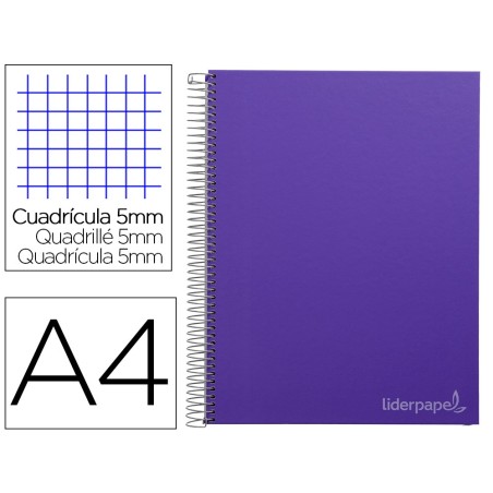 CUADERNO ESPIRAL LIDERPAPEL A4 MICRO JOLLY TAPA FORRADA 140H 75 GR CUADRO 5MM 5 BANDAS 4 TALADROS COLOR LILA