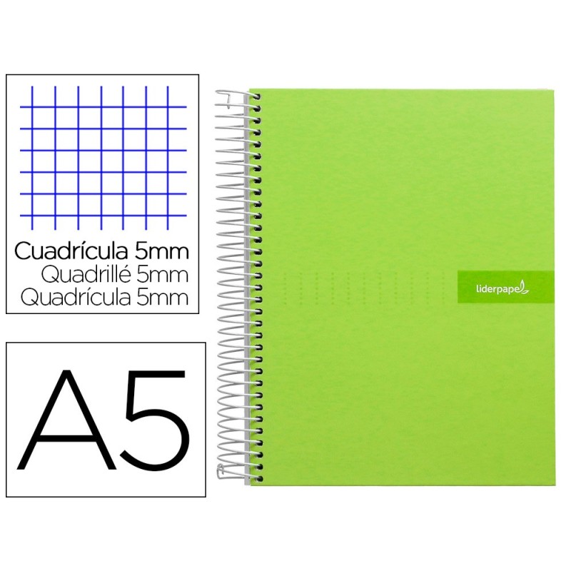 CUADERNO ESPIRAL LIDERPAPEL A5 MICRO CRAFTY TAPA FORRADA 120H 90 GR CUADRO 5MM 5 BANDAS6 TALADROS COLOR VERDE