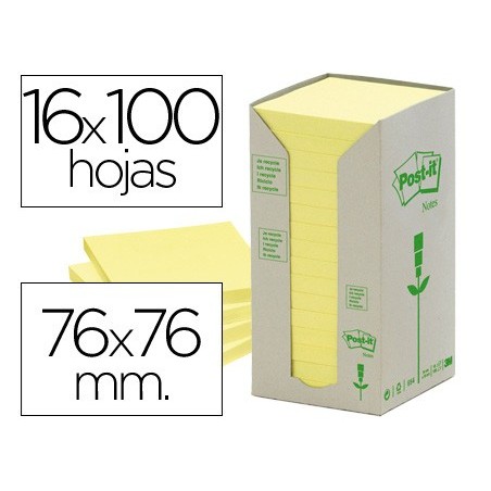 BLOC DE NOTAS ADHESIVAS QUITA Y PON RECICLADAS EN TORRE POST-IT 76 X 76 MM 16 BLOCS 654 RECICLADO