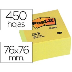 BLOC DE NOTAS ADHESIVAS QUITA Y PON POST-IT 76X76X45 MM CUBO COLORES AMARILLO 450 HOJAS