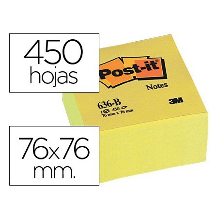 BLOC DE NOTAS ADHESIVAS QUITA Y PON POST-IT 76X76X45 MM CUBO COLORES AMARILLO 450 HOJAS
