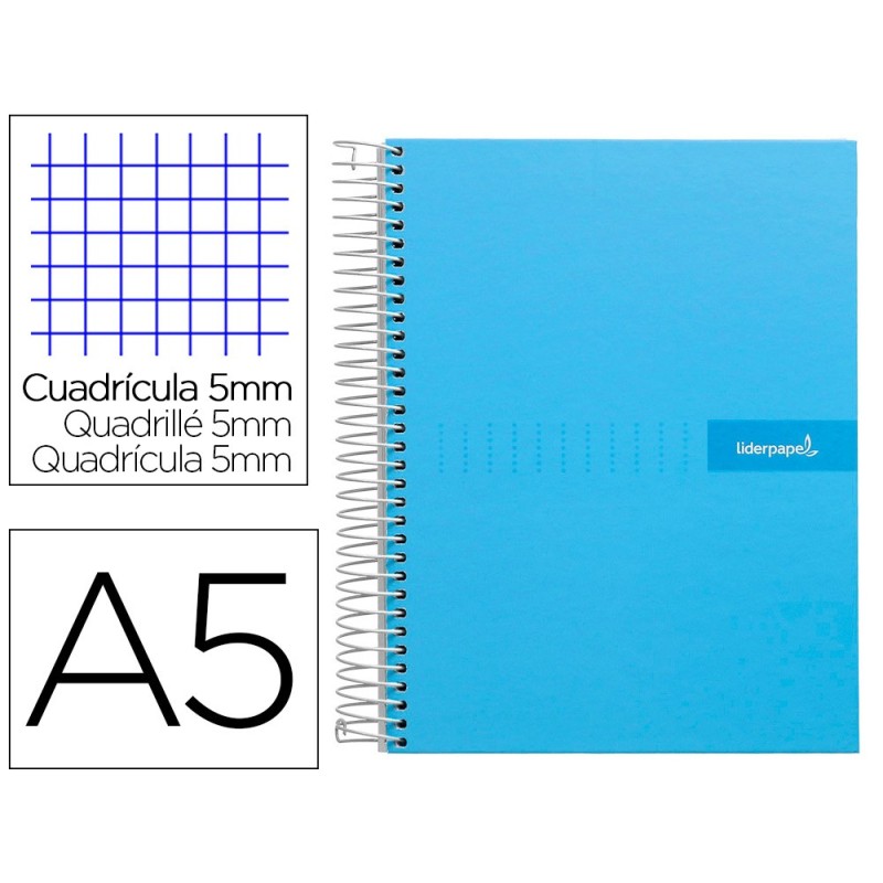 CUADERNO ESPIRAL LIDERPAPEL A5 MICRO CRAFTY TAPA FORRADA 120H 90 GR CUADRO 5MM 5 BANDAS6 TALADROS COLOR CELESTE