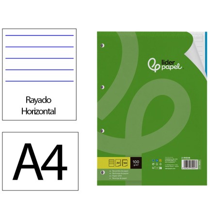 RECAMBIO LIDERPAPEL A4 100 HOJAS 100 G/M2 RAYADO HORIZONTAL 4 TALADROS BANDAS DE 5 COLORES