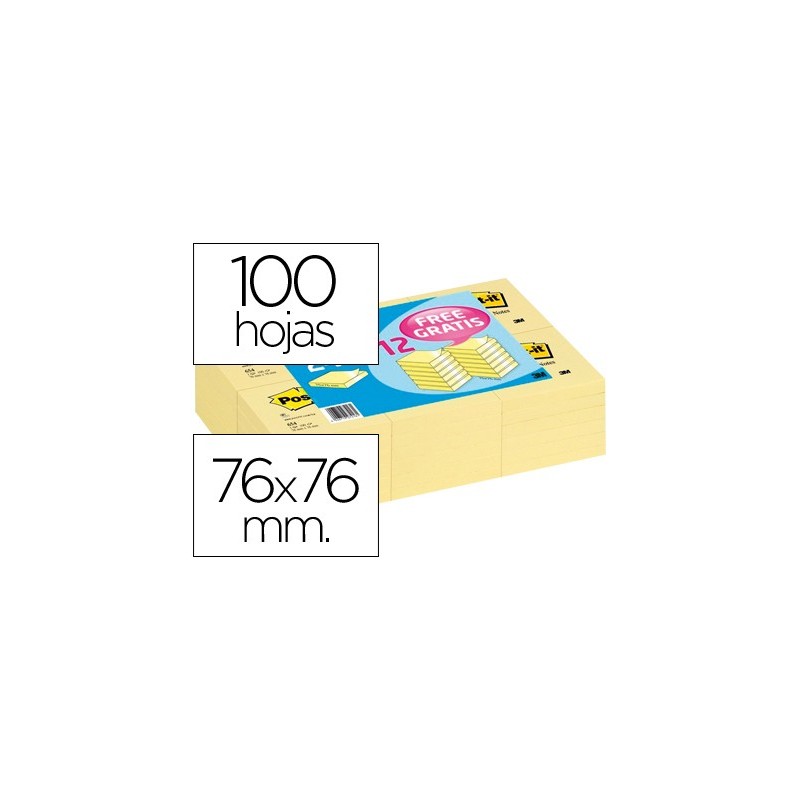 BLOC DE NOTAS ADHESIVAS QUITA Y PON POST-IT 76X76MM -PACK PROMOCIONAL 24+12