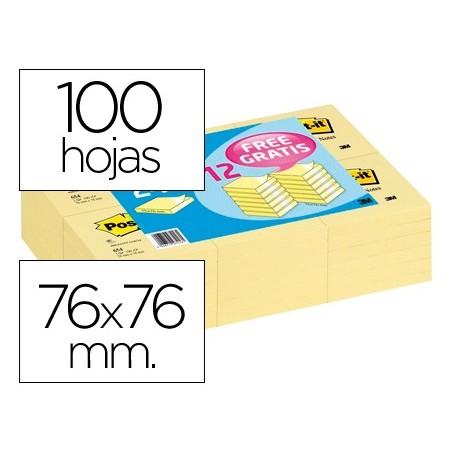 BLOC DE NOTAS ADHESIVAS QUITA Y PON POST-IT 76X76MM -PACK PROMOCIONAL 24+12
