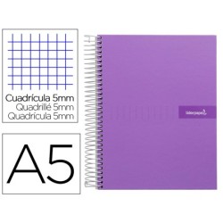CUADERNO ESPIRAL LIDERPAPEL A5 MICRO CRAFTY TAPA FORRADA 120H 90 GR CUADRO 5MM 5 BANDAS6 TALADROS COLOR VIOLETA