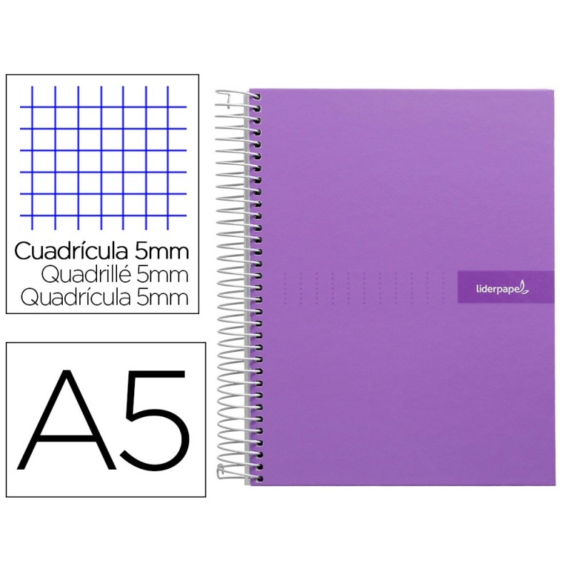 CUADERNO ESPIRAL LIDERPAPEL A5 MICRO CRAFTY TAPA FORRADA 120H 90 GR CUADRO 5MM 5 BANDAS6 TALADROS COLOR VIOLETA