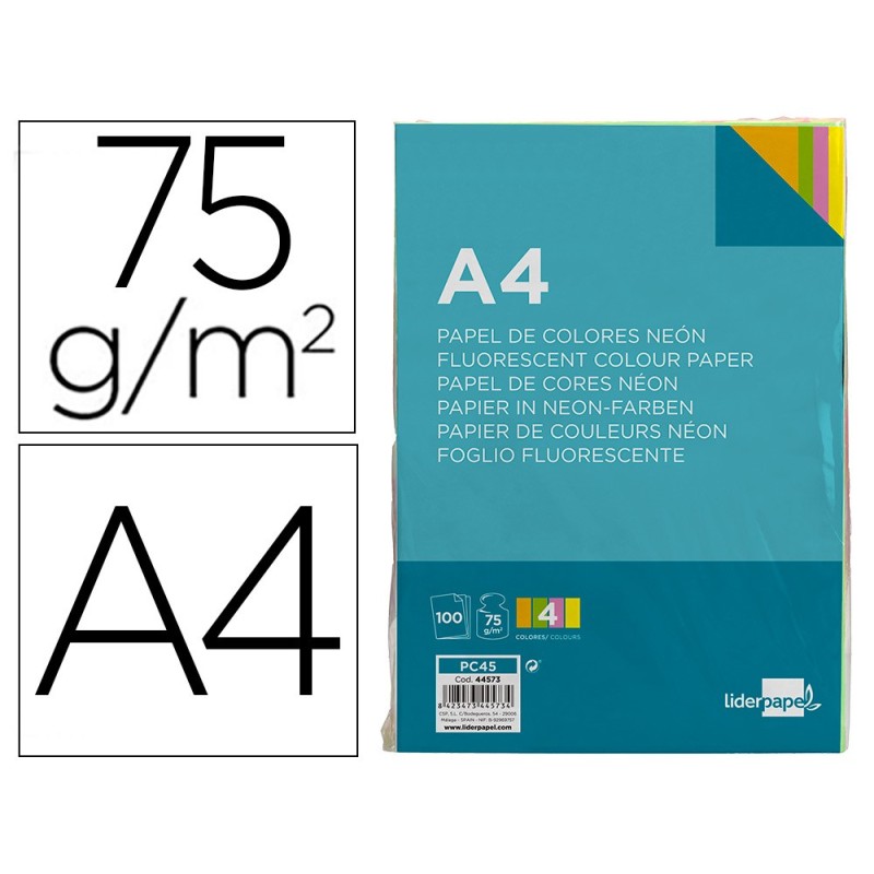 PAPEL COLOR LIDERPAPEL A4 75G/M2 NEON 4 COLORES SURTIDOS PAQUETE DE 100 HOJAS