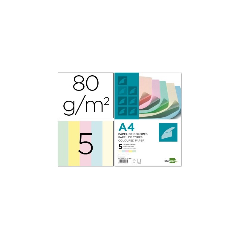 PAPEL COLOR LIDERPAPEL A4 80G/M2 5 COLORES SURTIDOS PAQUPAQUETE DE 500 HOJAS